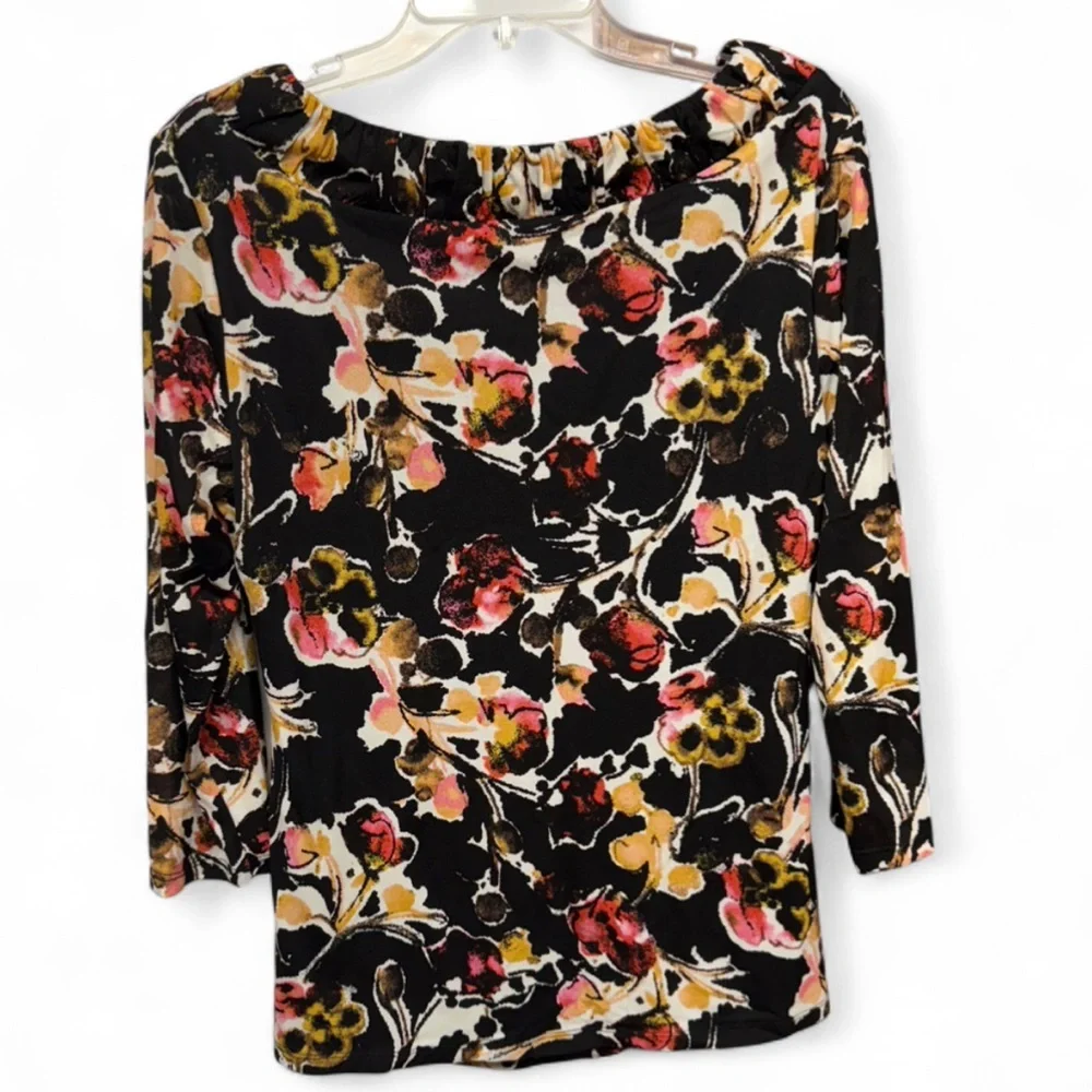 Style & Co. Women's Top Size L Black Floral Ruched 3/4 Sleeve Blouse 100% Nylon - Picture 7 of 7